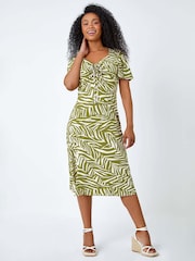 Roman Green Petite Animal Stretch Gathered Midi Dress - Image 1 of 5