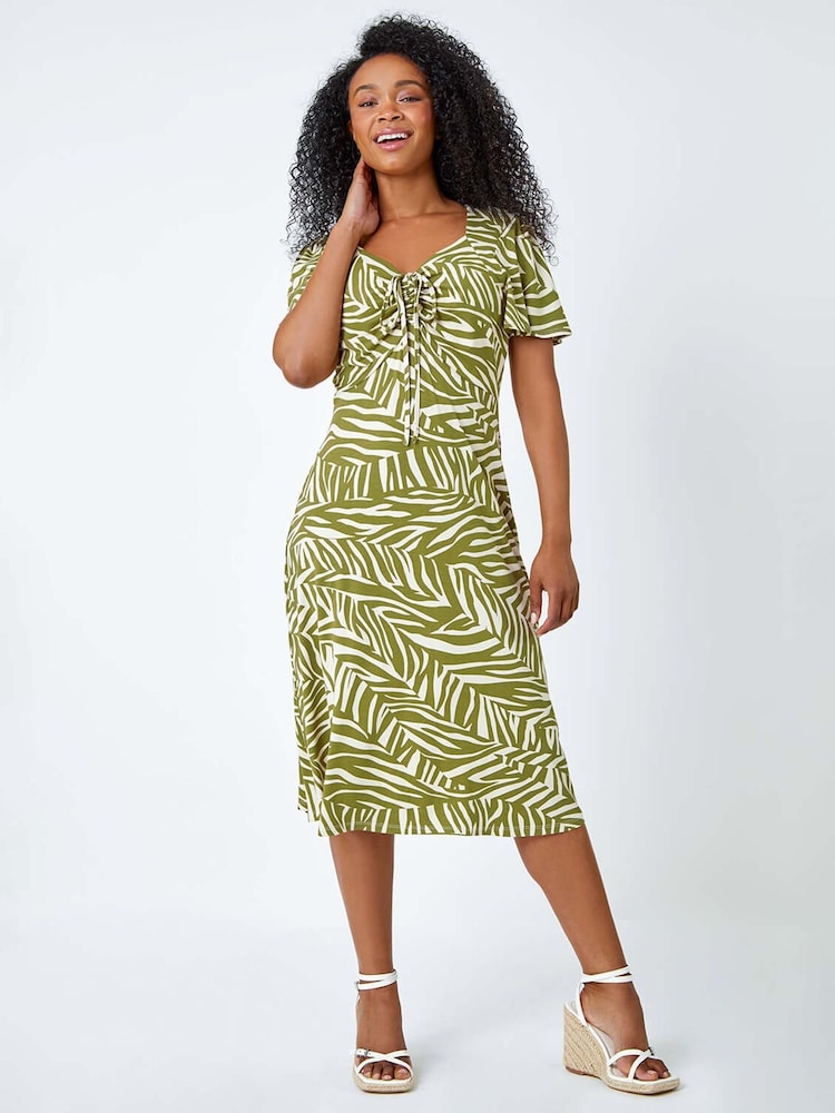 Roman Green Petite Animal Stretch Gathered Midi Dress - Image 1 of 5