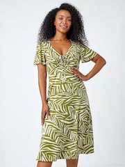Roman Green Petite Animal Stretch Gathered Midi Dress - Image 5 of 5