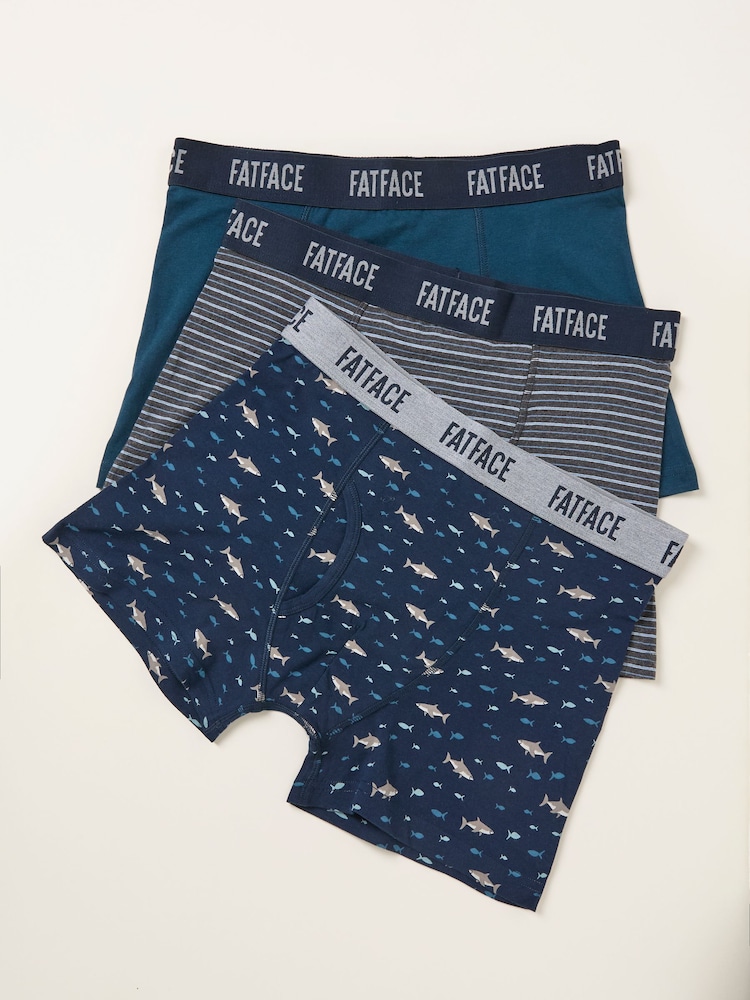 FatFace Navy 3 Pack Shark Boxers - Image 1 of 2