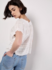 Apricot White Folk Embroidered Mesh and Lace Top - Image 2 of 4