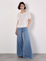 Apricot White Folk Embroidered Mesh and Lace Top - Image 3 of 4