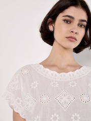 Apricot White Folk Embroidered Mesh and Lace Top - Image 4 of 4