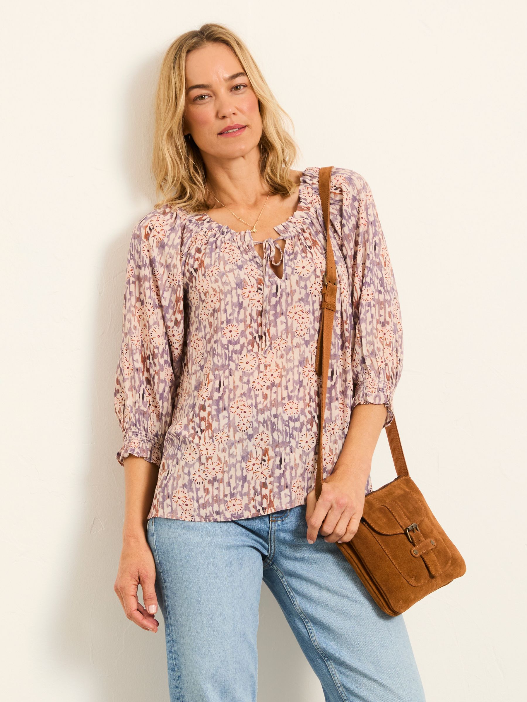FatFace Kira Floral Blouse for Women in Purple, Size 20 R, Regular Fit Long Sleeve Top
