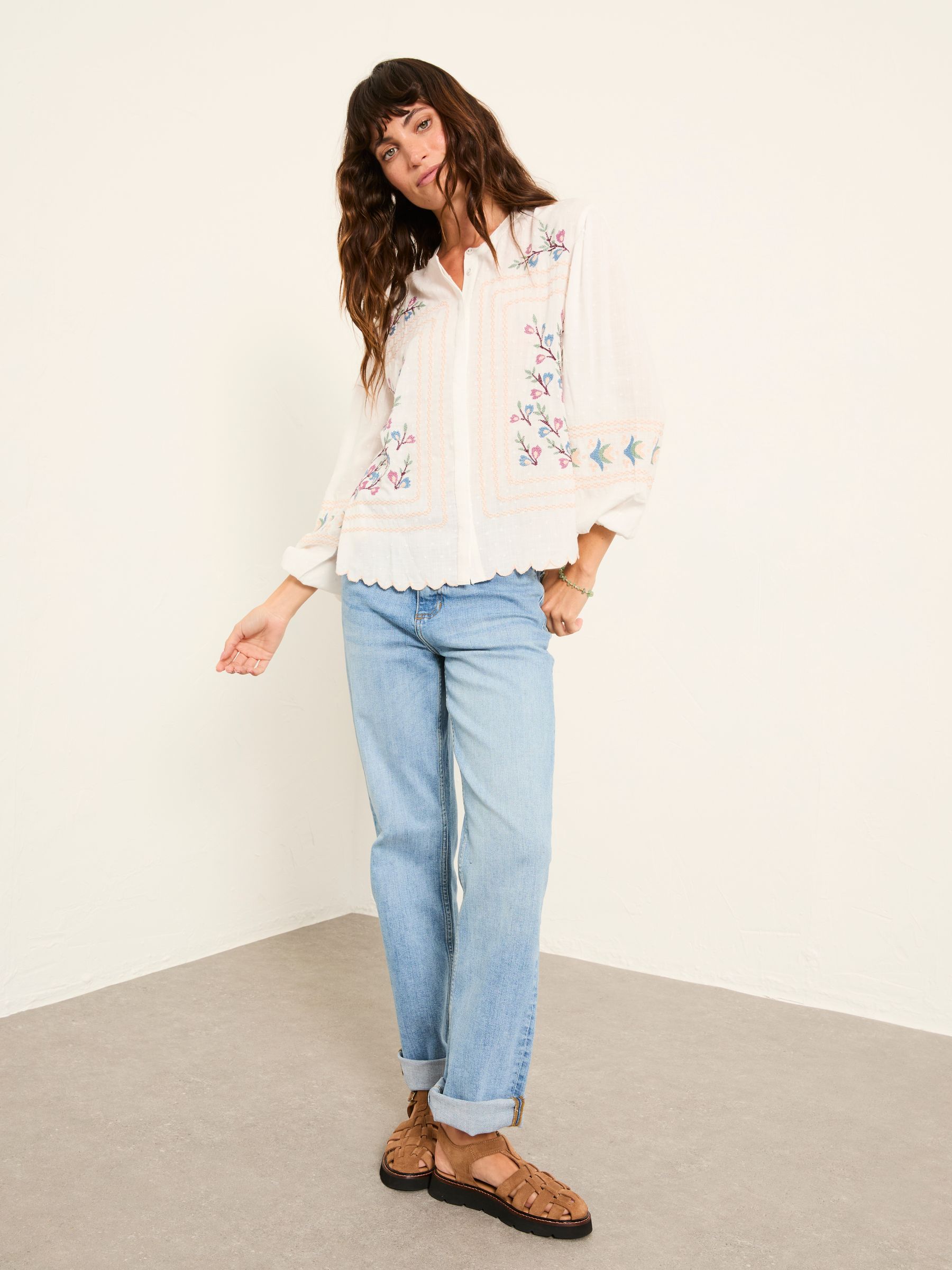 Fat Face Women's Blouse - Ivory - Floral Embroidered - Regular