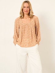 FatFace Cat Ochre Yellow Mono Texture Blouse - Image 3 of 6