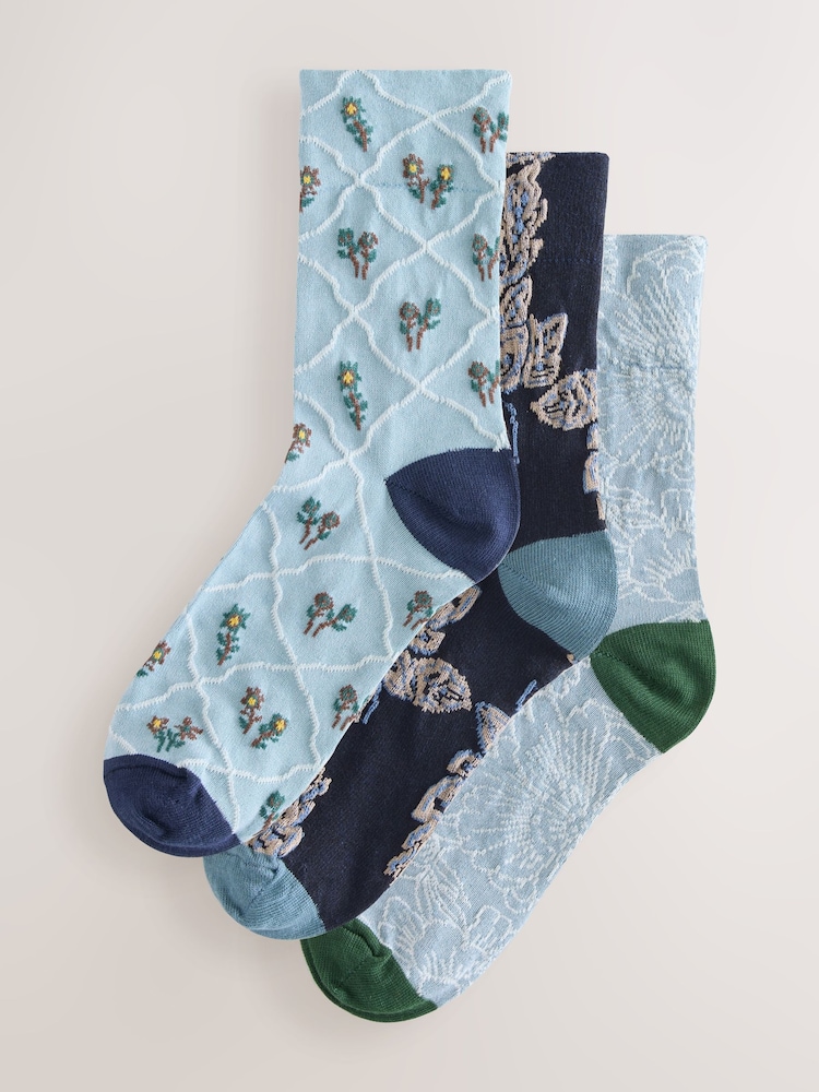 Blue Floral Texture Ankle Socks 3 Pack - Image 1 of 6