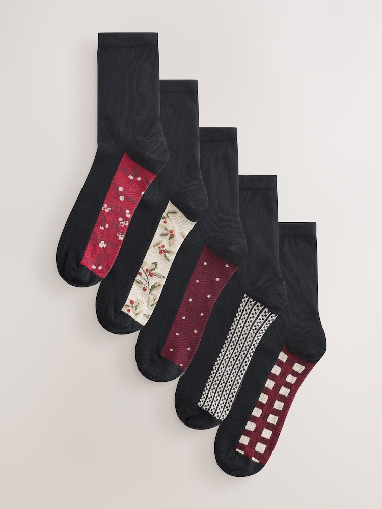Xmas Ditsy Berry Footbed Ankle Socks 5 Pack - Image 1 of 8