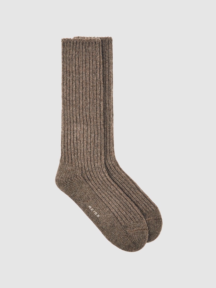 Reiss Chocolate Carmen Wool Blend Ribbed Socks - Image 1 of 3 Reiss Chocolate Carmen Wool Blend Ribbed Socks - Image 1 of 3