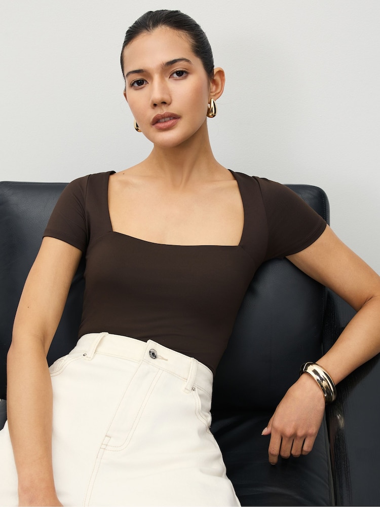 Chocolate Brown Soft Touch Square Neck Short Sleeve Top - Image 1 of 6