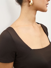 Chocolate Brown Soft Touch Square Neck Short Sleeve Top - Image 3 of 6
