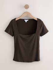 Chocolate Brown Soft Touch Square Neck Short Sleeve Top - Image 4 of 6