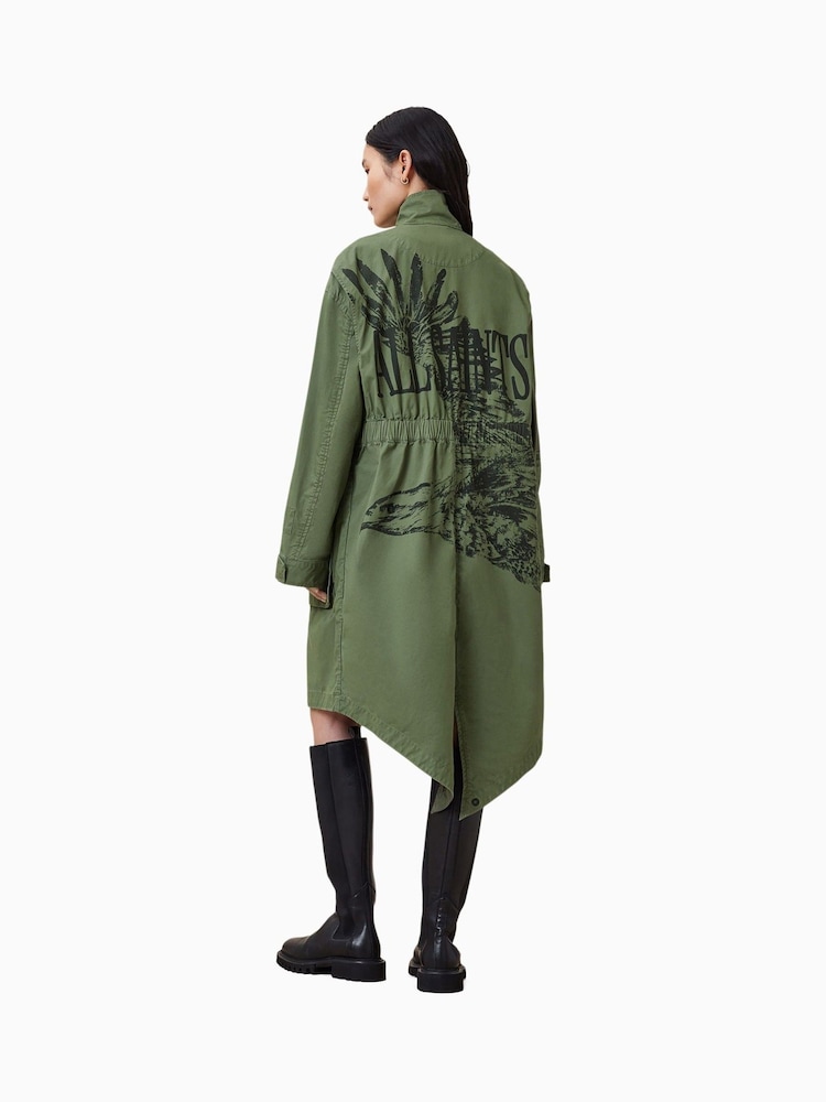 AllSaints Green Milla Bird Print Parka Jacket - Image 2 of 9
