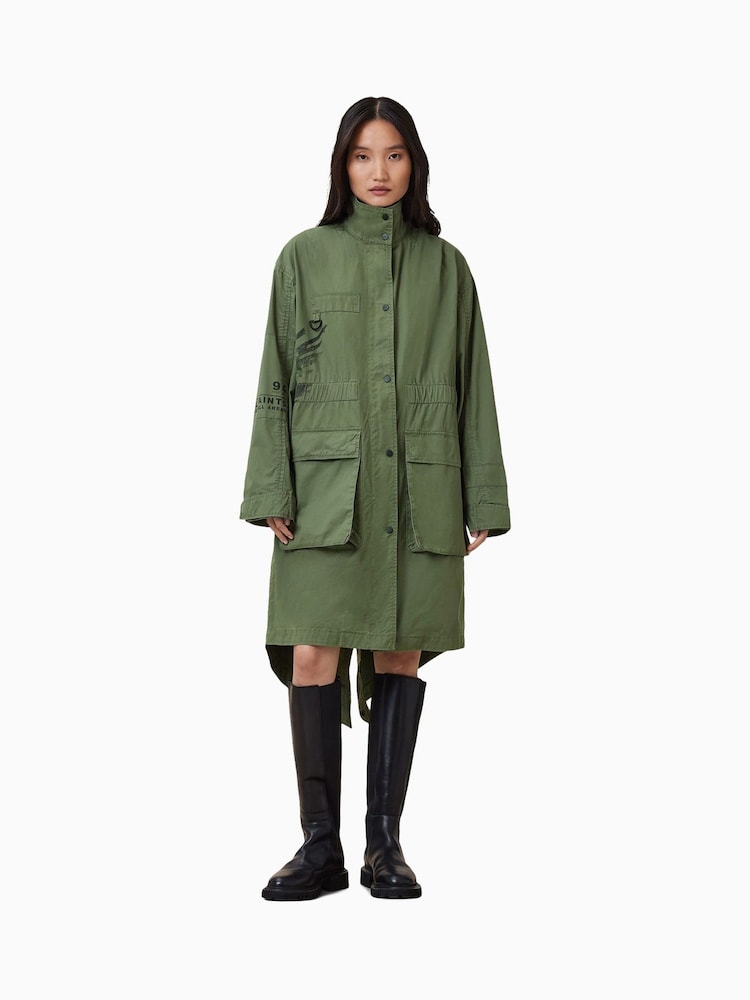 AllSaints Green Milla Bird Print Parka Jacket - Image 3 of 9