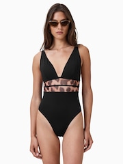 AllSaints Black Xalia Mesh Leopard Print Swimsuit - Image 1 of 8