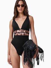 AllSaints Black Xalia Mesh Leopard Print Swimsuit - Image 4 of 8