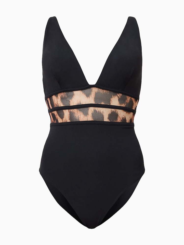 AllSaints Black Xalia Mesh Leopard Print Swimsuit - Image 8 of 8