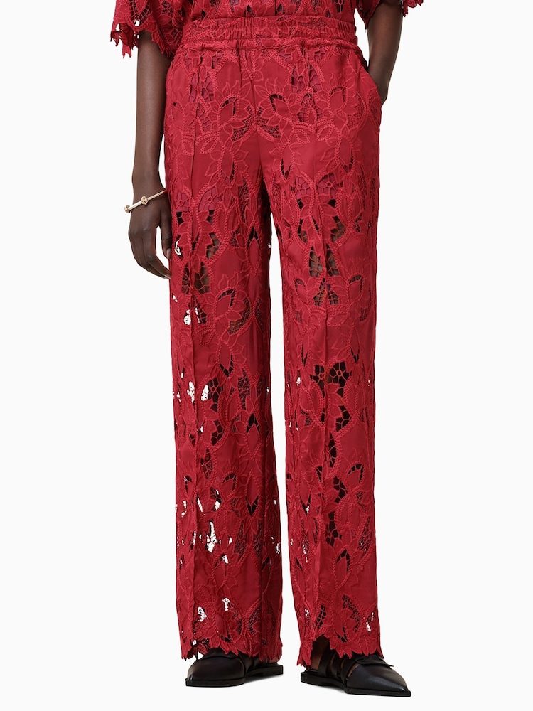 AllSaints Red Straight Fit Charli Embroidered Trousers - Image 2 of 8