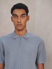 Light Blue N.Premium Regular Fit Textured Knit Short Sleeve Zip Neck Polo Shirt - Image 1 of 4