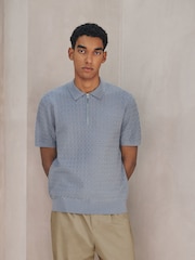 Light Blue N.Premium Regular Fit Textured Knit Short Sleeve Zip Neck Polo Shirt - Image 2 of 4