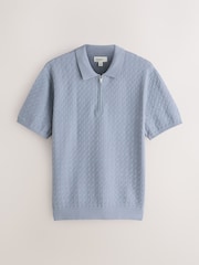 Light Blue N. Premium Regular Fit Textured Knit Short Sleeve Zip Neck Polo Shirt - Image 5 of 7