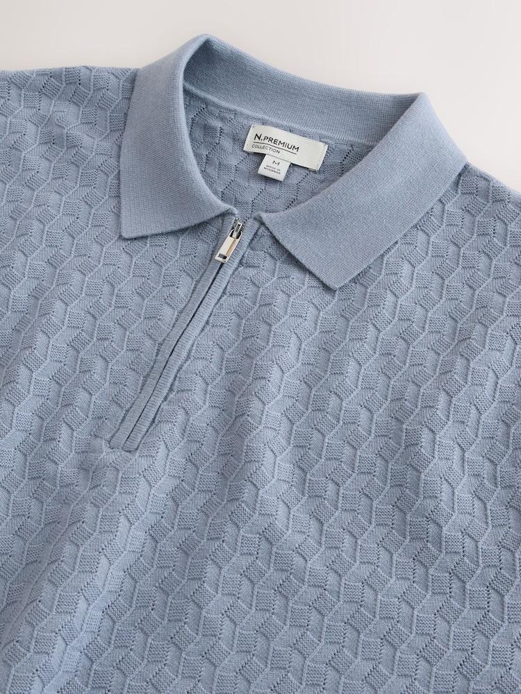 Light Blue N. Premium Regular Fit Textured Knit Short Sleeve Zip Neck Polo Shirt - Image 7 of 7