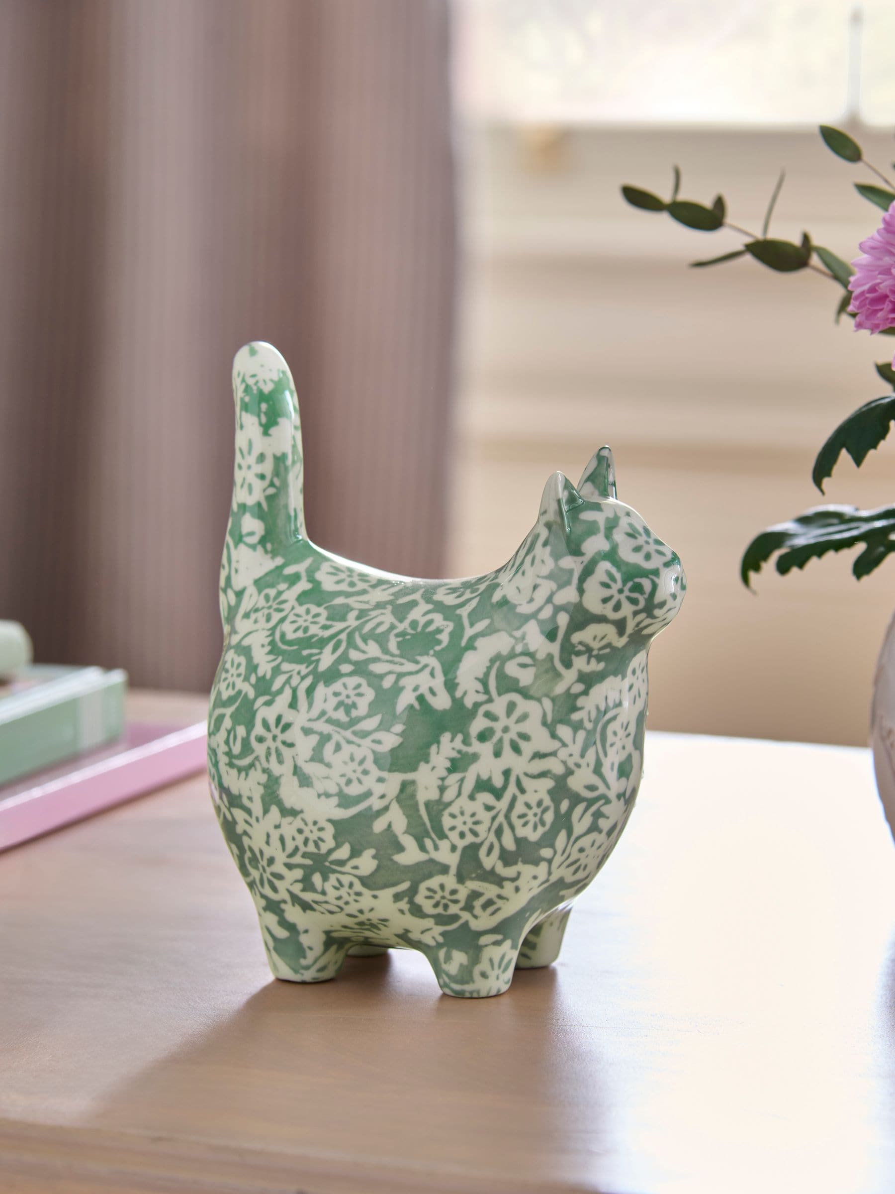 Green Ceramic Floral Cat Ornament