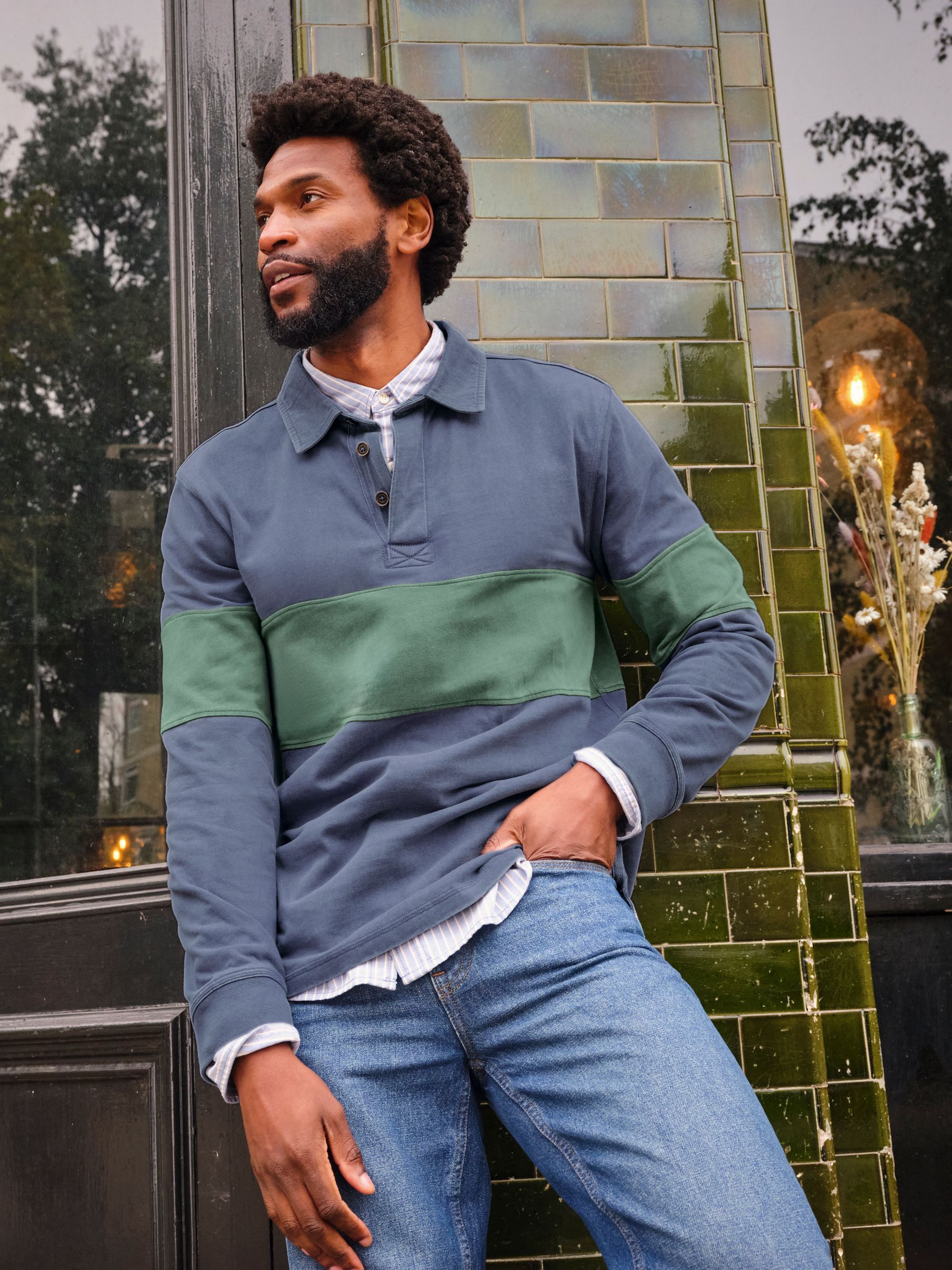Buy FatFace Denim Dark Blue Long Sleeve Rugby Stripe Polo from