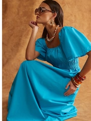 River Island Blue Shirred Midi Dress - Image 3 of 4