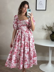 Style Cheat Pink Leighton Puff Sleeve Midi Dress - Image 1 of 4