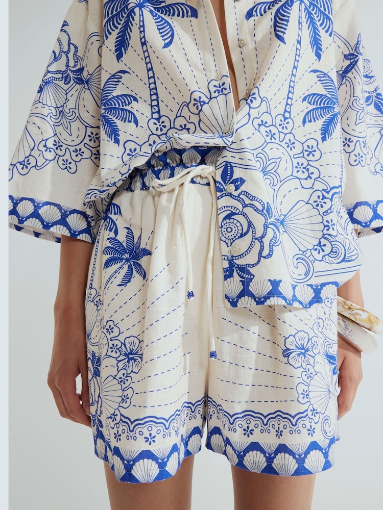 River Island Blue Shell Printed Tie Waist Shorts - Image 1 of 4