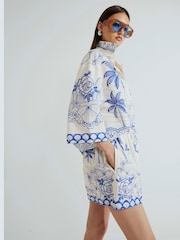 River Island Blue Shell Printed Tie Waist Shorts - Image 4 of 4