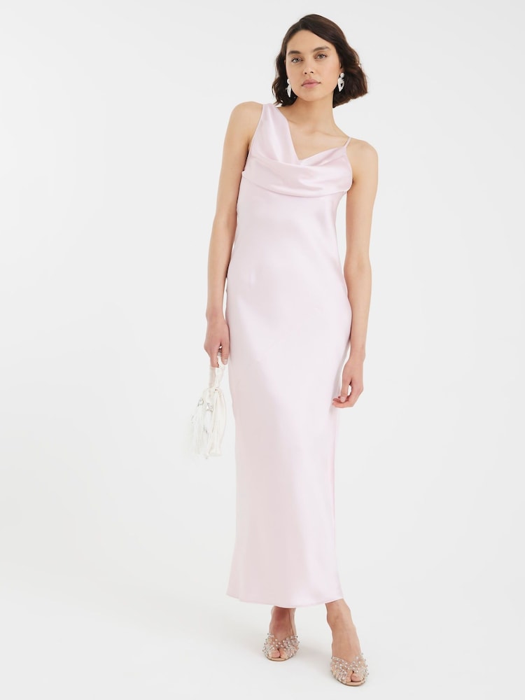 River Island Pink One Shoulder Cowl Neck Maxi Slip Dress - Image 1 of 4 River Island Pink One Shoulder Cowl Neck Maxi Slip Dress - Image 1 of 4