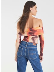River Island Red Printed Mesh Bardot Bodysuit - Image 1 of 4