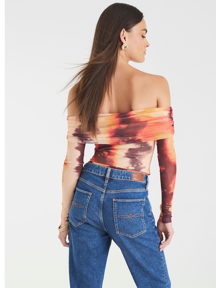 River Island Red Printed Mesh Bardot Bodysuit - Image 1 of 4