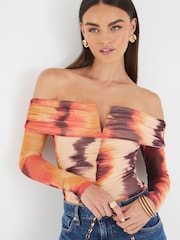 River Island Red Printed Mesh Bardot Bodysuit - Image 2 of 4