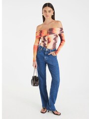 River Island Red Printed Mesh Bardot Bodysuit - Image 3 of 4