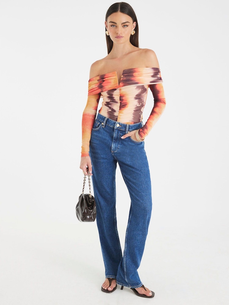 River Island Red Printed Mesh Bardot Bodysuit - Image 4 of 4