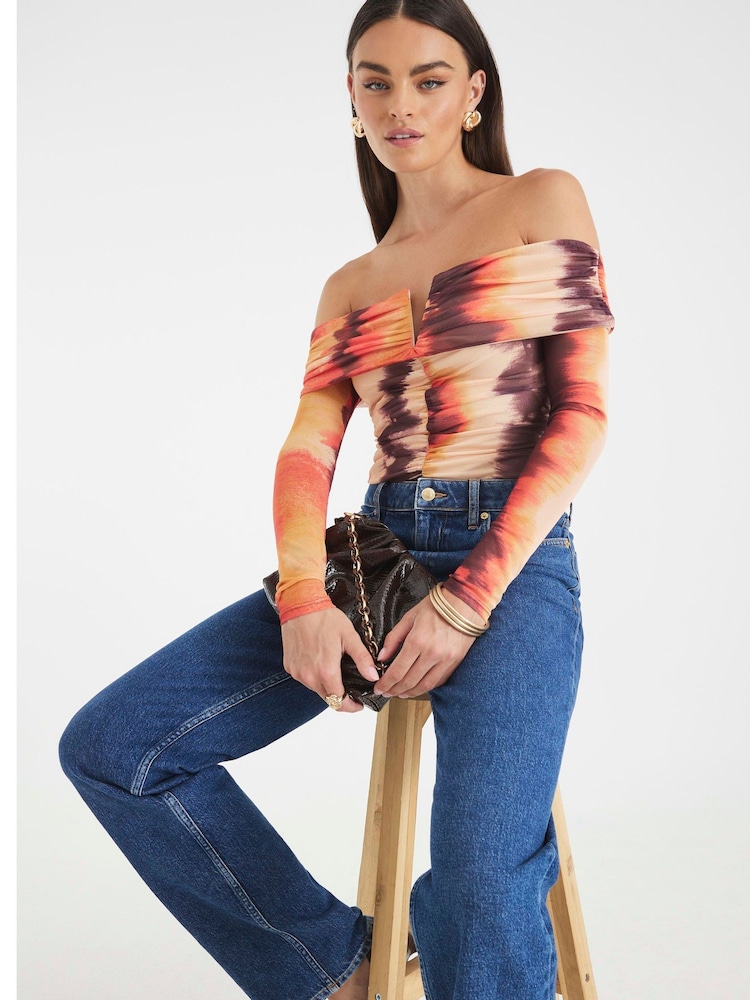 River Island Red Printed Mesh Bardot Bodysuit - Image 4 of 4