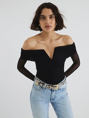 River Island Black Mesh Bardot Bodysuit - Image 1 of 6