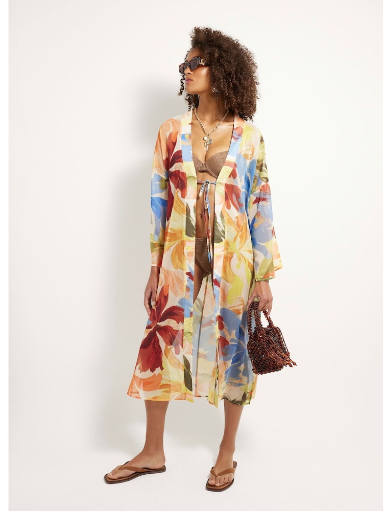 River Island Blue Printed Long Line Kimono - Image 1 of 4