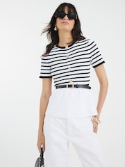 River Island Cream Striped Knit Short Sleeve Belted Top - Image 1 of 6