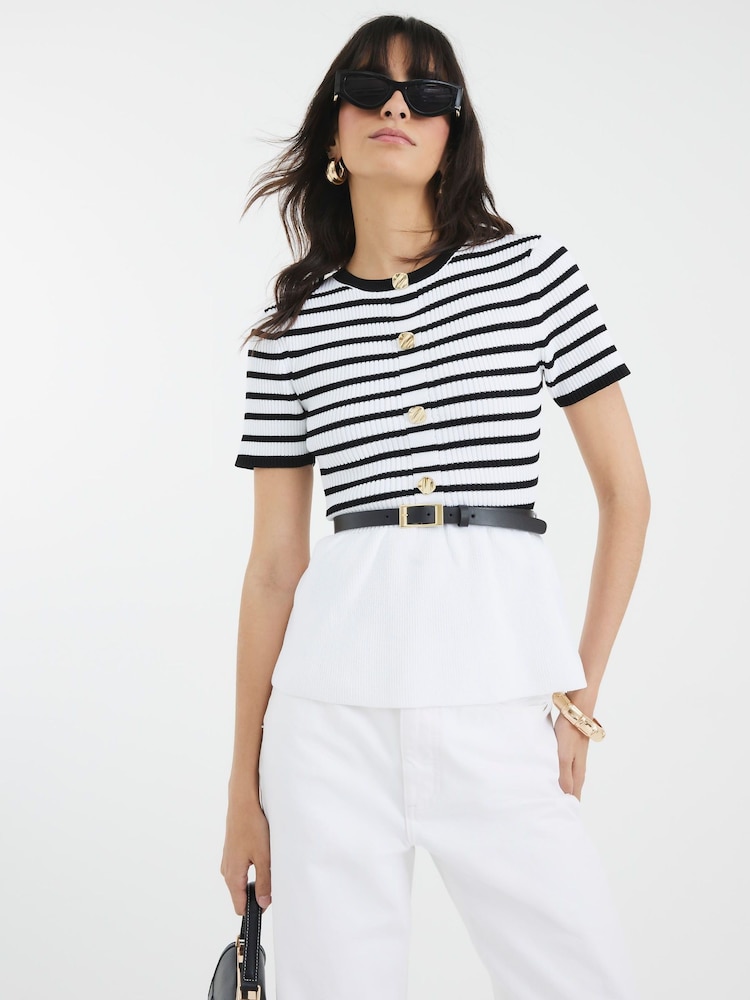 River Island Cream Striped Knit Short Sleeve Belted Top - Image 1 of 6