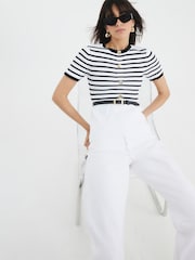 River Island Cream Striped Knit Short Sleeve Belted Top - Image 2 of 6