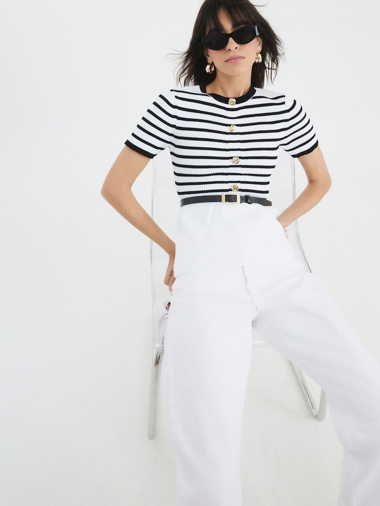 River Island Cream Striped Knit Short Sleeve Belted Top - Image 2 of 6