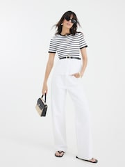 River Island Cream Striped Knit Short Sleeve Belted Top - Image 4 of 6