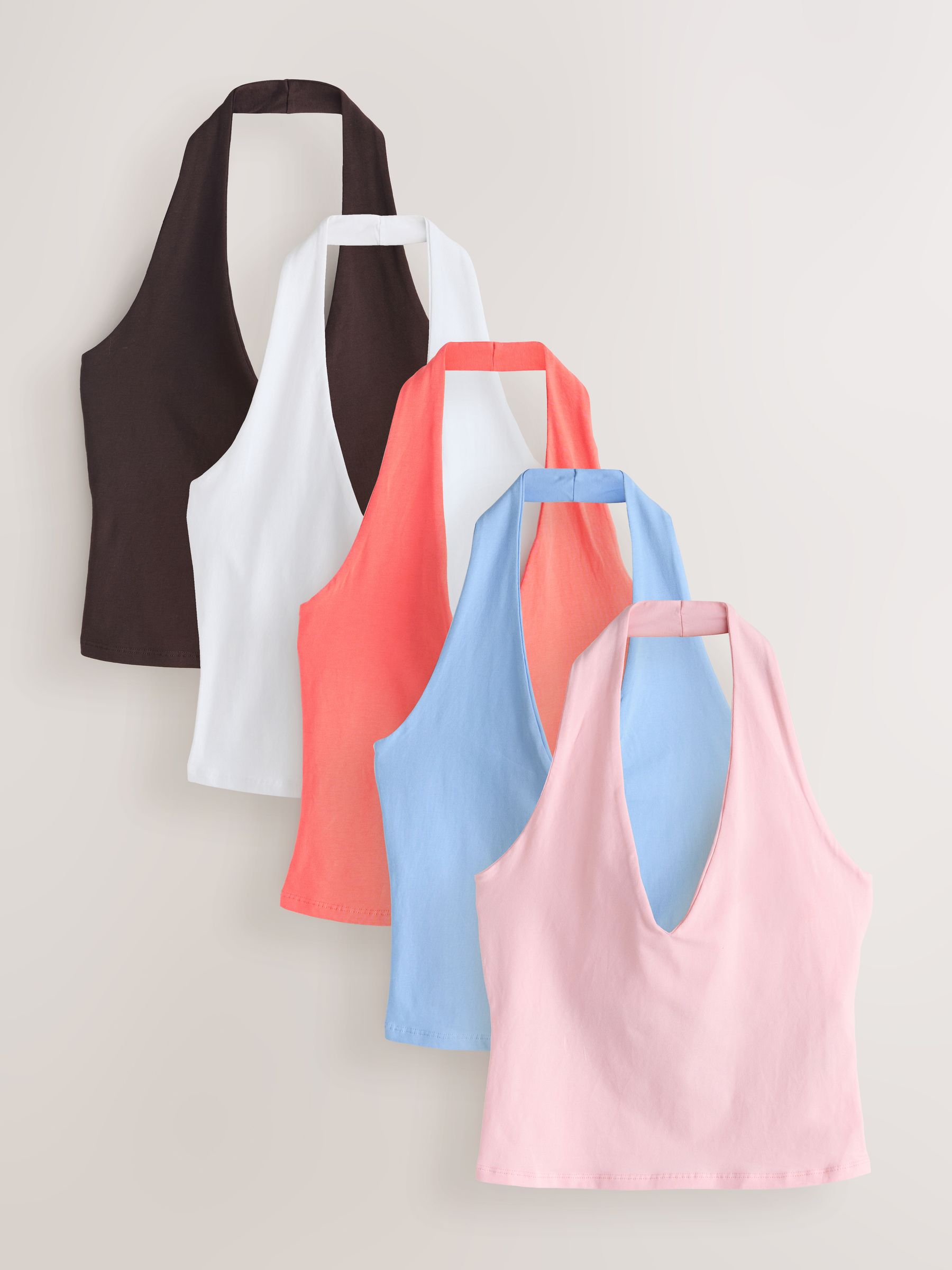 Brown/Pink/Coral/Blue/White Halter Neck Tops 5 Pack