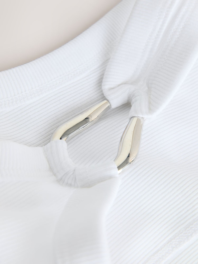 White/Silver Trim Hardware Detail Racer Ribbed Vest Top - Image 7 of 7