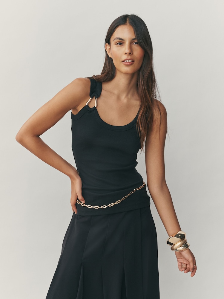 Black/Gold Trim Hardware Detail Racer Ribbed Vest Top - Image 1 of 8 Black/Gold Trim Hardware Detail Racer Ribbed Vest Top - Image 1 of 8