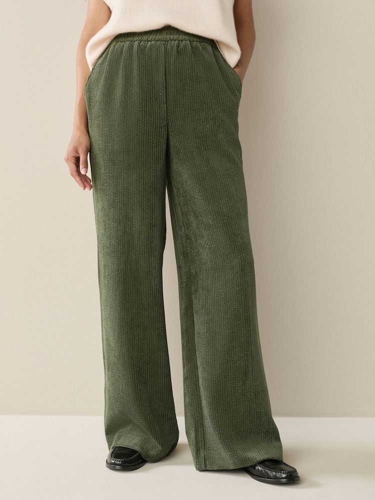 Khaki Green Wide Leg Soft Cord Trousers - Image 1 of 8 Khaki Green Wide Leg Soft Cord Trousers - Image 1 of 8